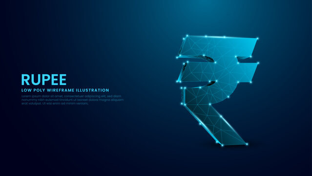 Rupee Currency Sign Low Poly Wireframe in Blue Technological Background. 3D Rupee Symbol, Indian Currency Vector Illustration