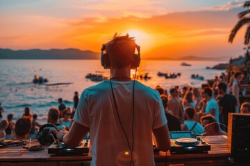 DJ playing music in front of crowd at sunset at a sea view party venue.