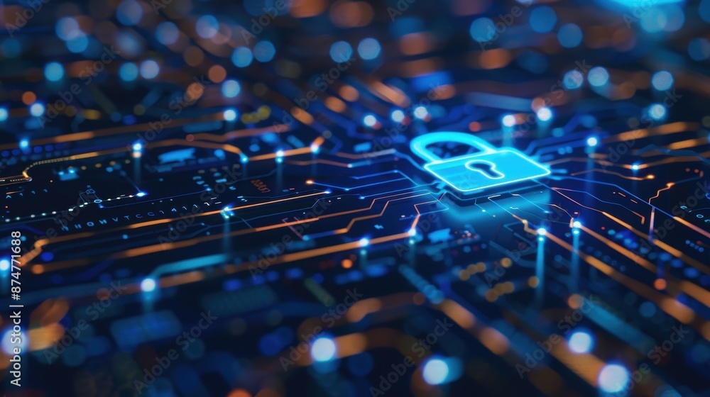 Poster secure vpn connection with digital lock icon close-up for internet privacy and security