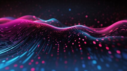 Neon pink and blue digital waves shimmer against a black background. Glowing particle streams form dynamic abstract patterns, creating an illusion of motion and depth in dark space