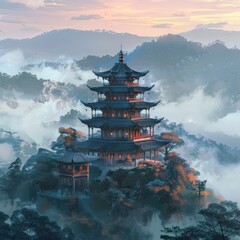 Obraz premium Tranquil Dawn at the Mystical Chinese Temple - Digital Painting of Foggy Morning with Cool Tones and Architectural Beauty