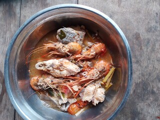 fish, shrimp, background, mushrooms, water