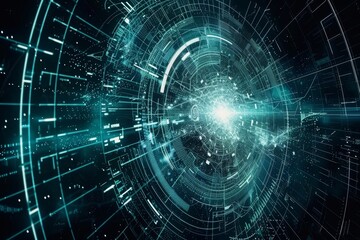 Obraz premium Digital vortex with glowing blue and green elements, high-tech design, dark background, intricate details, abstract representation of data and technology.