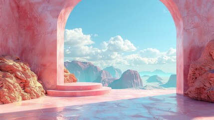 A pink and white mountain range with a pink and white cloud in the sky