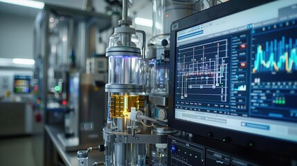 Advanced biotechnology laboratory with sophisticated equipment and analytical data on a computer screen in a professional setting.