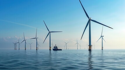 Offshore wind farm with turbines and a boat on the sea, generating renewable energy against a clear blue sky.