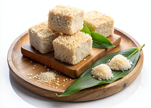 Traditional Indonesian Wajik cake, a sweet and sticky rice flour treat, arranged on a wooden platter, adorned with sesame seeds and coconut flakes.