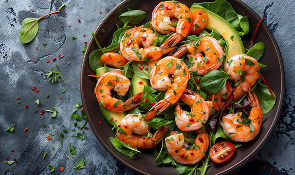 avocado and shrimp salad on a plate seen from above on black marble table wallpaper with copy space