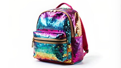 Vibrant, dazzling backpack bursting with color, shimmering sequins, shiny zippers, and sturdy straps, set against a clean, white, minimalist background.