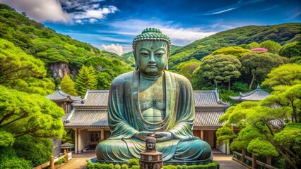Fototapeta premium Serenity exudes from the majestic ancient bronze Giant Buddha Statue at Kotokuin Temple in Kamakura, Japan, surrounded by lush greenery.