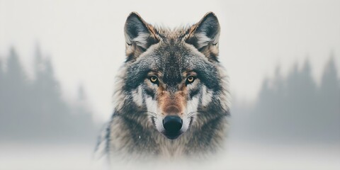 Fototapeta premium Double exposure showcases wolfs intense gaze against white background highlighting wilderness beauty. Concept Wildlife Photography, Double Exposure, Nature Aesthetics, Wolf Portraits