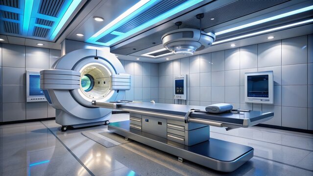 State-of-the-art sleek silver linear accelerator machine for precise radiation therapy in modern cancer treatment facility interior background.