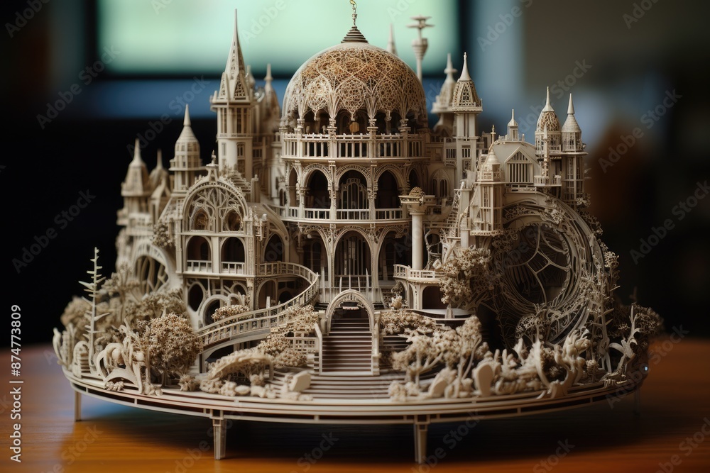 Poster working on a 3d printing 3D printer creating intricate and detailed objects