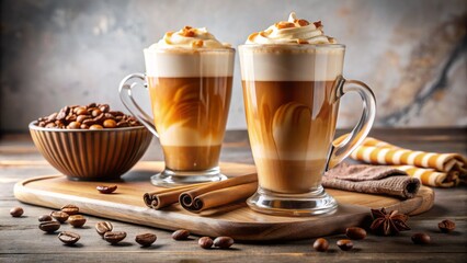 Elegant morning setup featuring frosty caramel latte and rich coffee on a transparent background, exuding refreshing energy and sophistication.