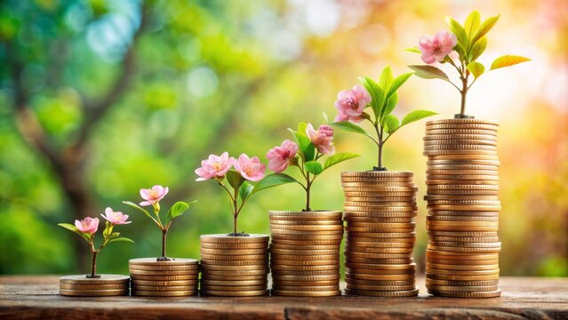 A lush young tree sprouts from stacks of coins, symbolizing diverse financial growth and profitable investments in a thriving economy.