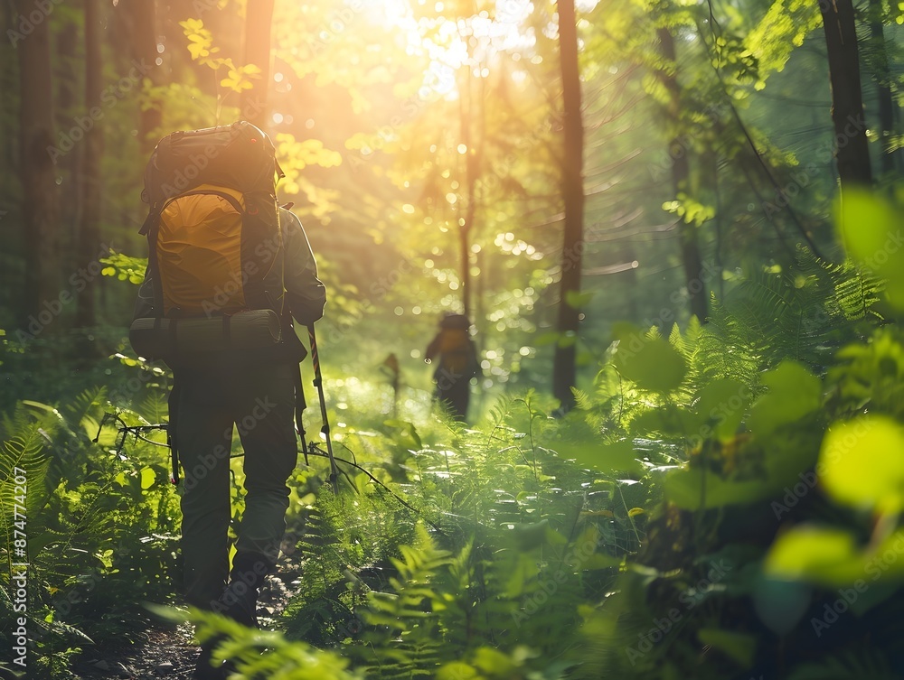 Sticker hikers trekking through dense lush forest with vibrant greenery and sunlight filtering through trees