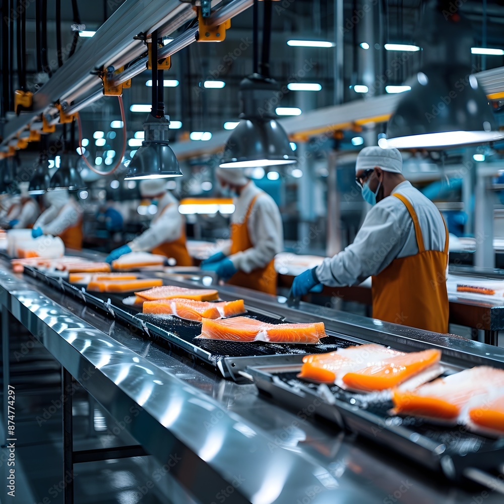 Poster automated fish processing plant with workers monitoring conveyor line