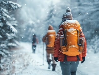 Naklejka premium Bundled up Hikers Trekking Through Snowy Landscape on Winter Hike Adventure