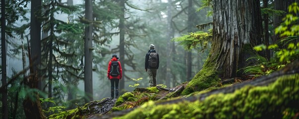Hikers in Awe of Towering Ancient Trees and Moss Covered Forest Landscape