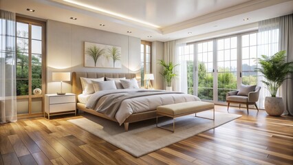 Fototapeta premium Elegant calmness pervades a large bedroom with light hardwood floors, modern bed, crisp white linens, and airy atmosphere, exuding serenity.