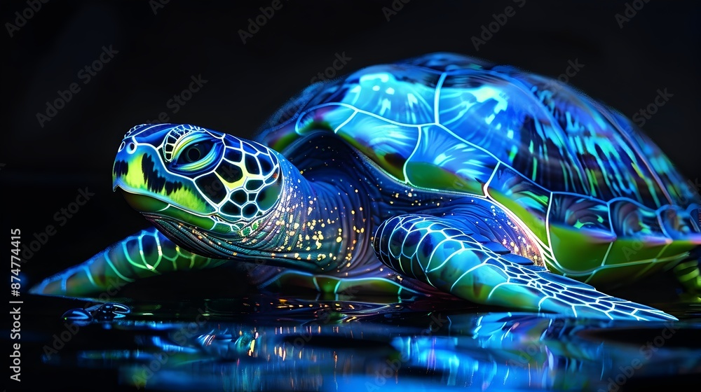 Poster neon turtle with intricate shell patterns on dark background