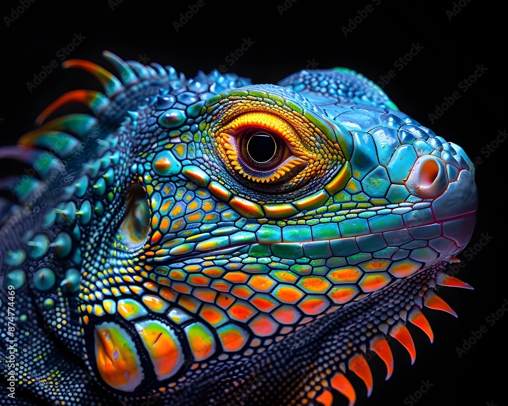 Poster mesmerizing neon iguana with intricate scale details on isolated black background
