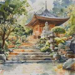 Fototapeta premium Tranquil Buddha Garden in Soft Watercolor Hues