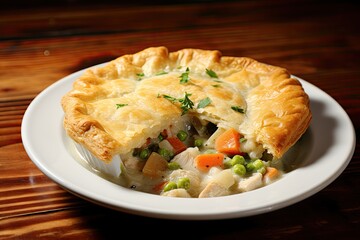 a plate of chicken pot pie with a slice taken out, comforting bowl of chicken pot pie