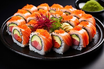 a plate of sushi rolls with a side of dipping sauce, colorful plate of fresh sushi rolls with wasabi