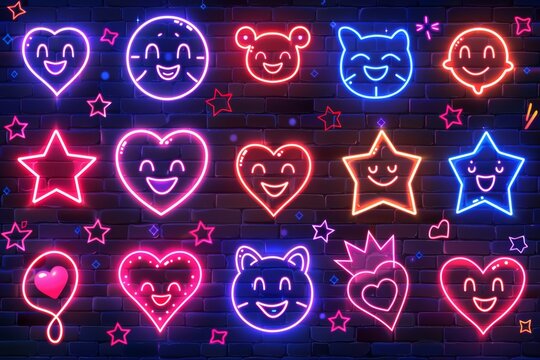 Neon emoji symbols with vibrant colors, dark background, digital illustration, playful and modern design, cheerful and fun ambiance.