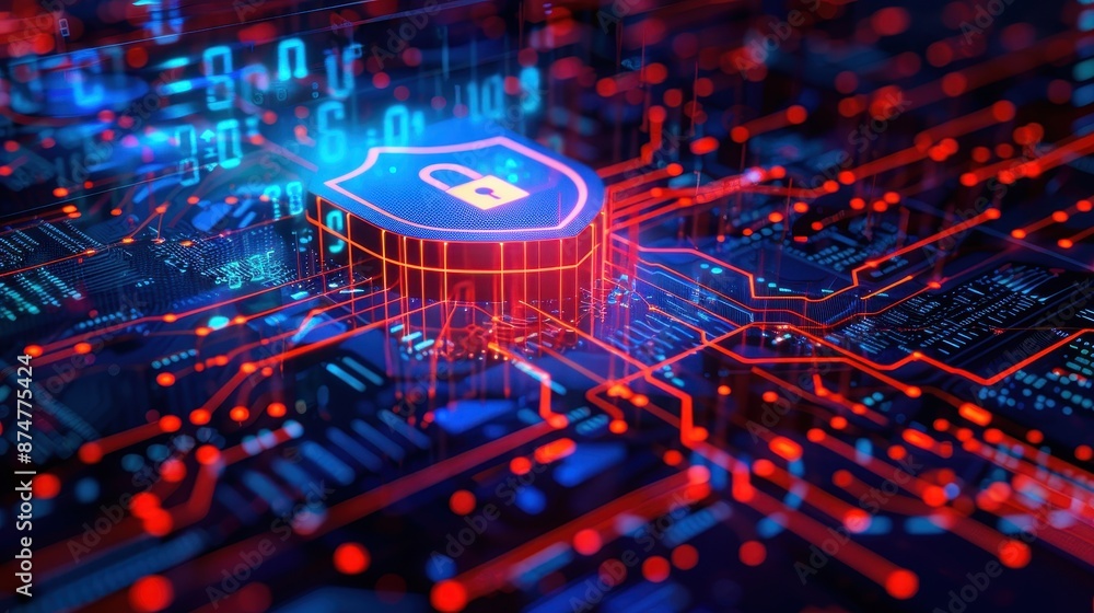 Poster data security: lock and shield icon ensuring cybersecurity