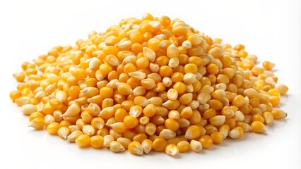 Freshly popped yellow buttery kernels scattered around in a heap on a clean white background with subtle shadows.