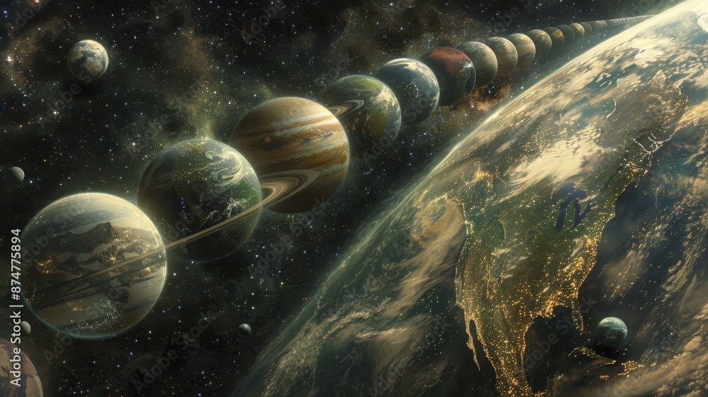 Poster close up view of multiple planets aligned in space with stars in the background generative ai