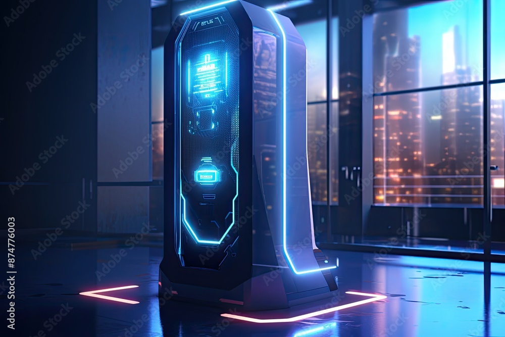 Leinwandbilder a futuristic computer tower with a glowing display, cutting-edge biometric security system