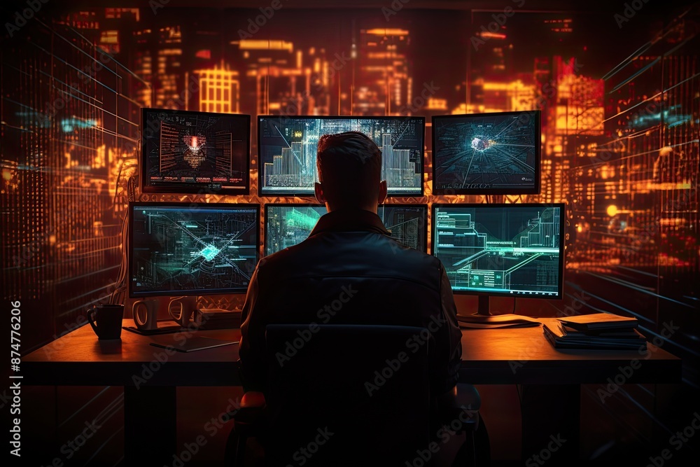 Poster a desk with a computer monitor and keyboard, cybersecurity software protecting against threats