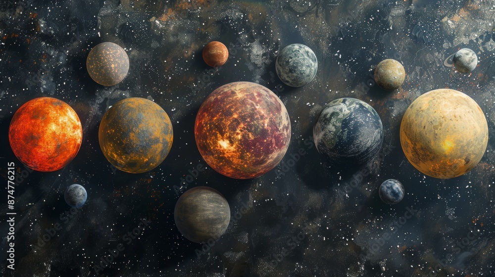 Poster different sized planets with unique textures and colors floating in a dark cosmic environment genera