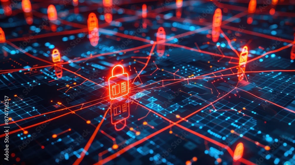 Poster alert! cybersecurity breach detected on digital network map - data security concept