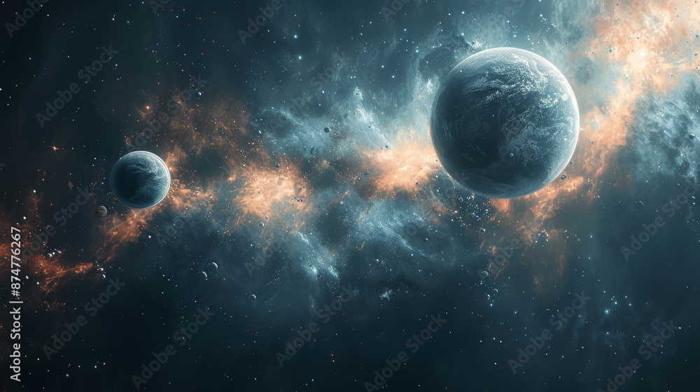 Poster different sized planets with unique textures and colors floating in a dark cosmic environment genera