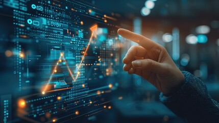 Business Person Pointing to Glowing Arrow on Digital Screen, Financial Data Transformation and Innovation Concept in Modern Office Space