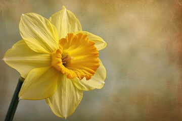 Fototapeta premium a single yellow flower with a brown background, daffodil sways, its yellow brilliance painted with watercolor finesse