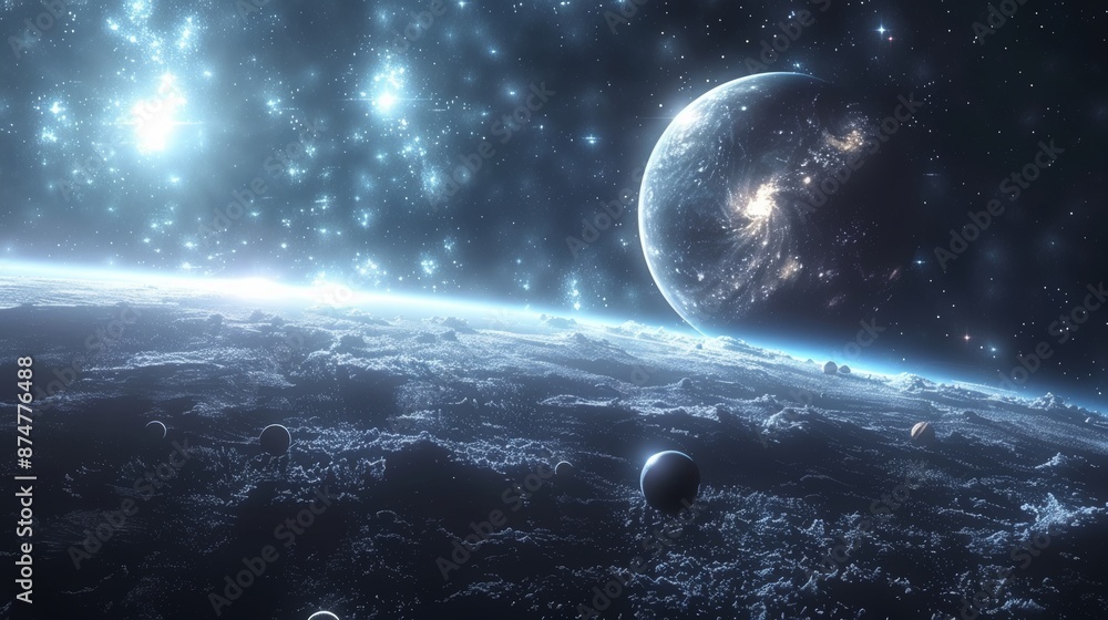 Poster artistic representation of planets in a galaxy with nebulae and distant stars generative ai