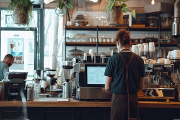 a couple of people sitting at a table in a restaurant, dedicated business owner managing a bustling cafe