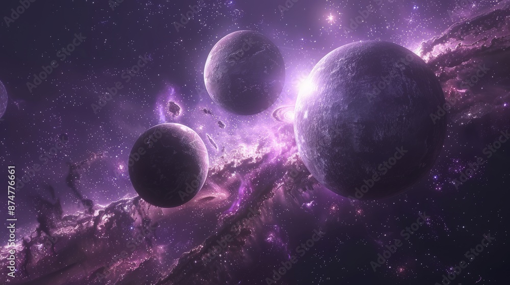 Poster artistic representation of planets in a galaxy with nebulae and distant stars generative ai