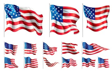 Obraz premium Waving flags. Set of american flags on white background. National flags waving symbols. Banner design elements