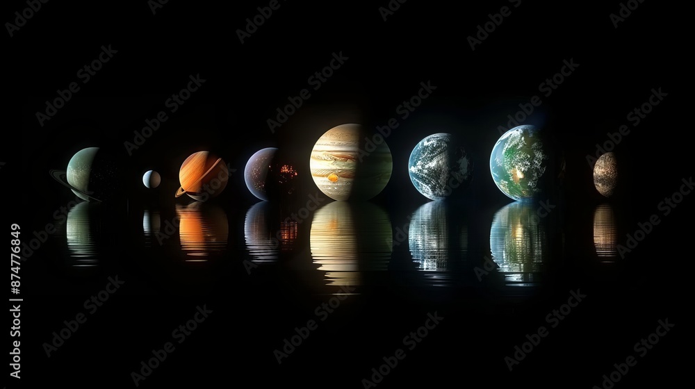 Poster planetary alignment showing the diversity of planets in terms of size and appearance generative ai