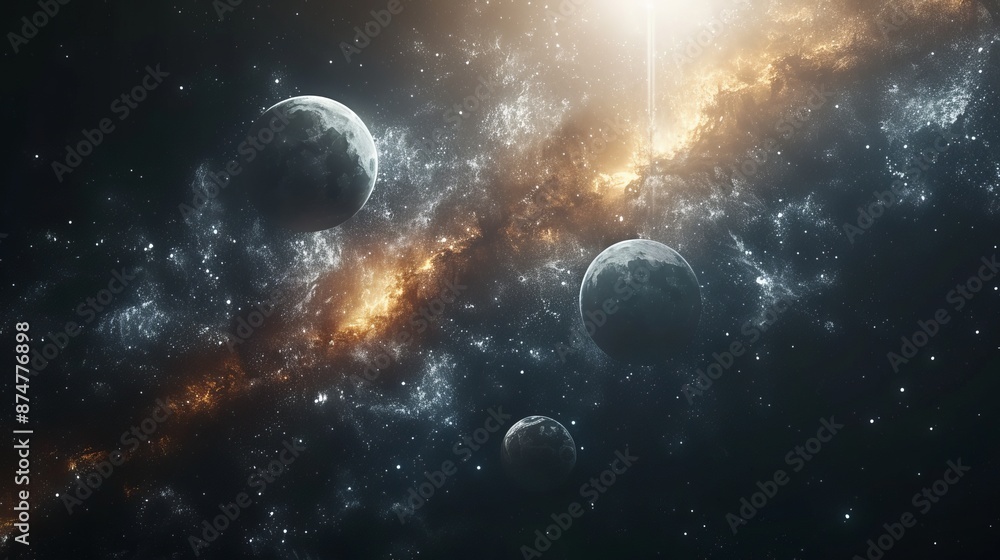 Poster artistic representation of planets in a galaxy with nebulae and distant stars generative ai