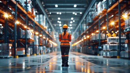 Manager's silhouette against a backdrop of routing technology in a bustling logistics center, wide angle, evening light, photorealistic detail