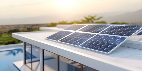 Modern Residence featuring rooftop solar panels and a swimming pool. Concept Architecture, Renewable Energy, Eco-Friendly Design, Sustainable Living, Luxury Amenities