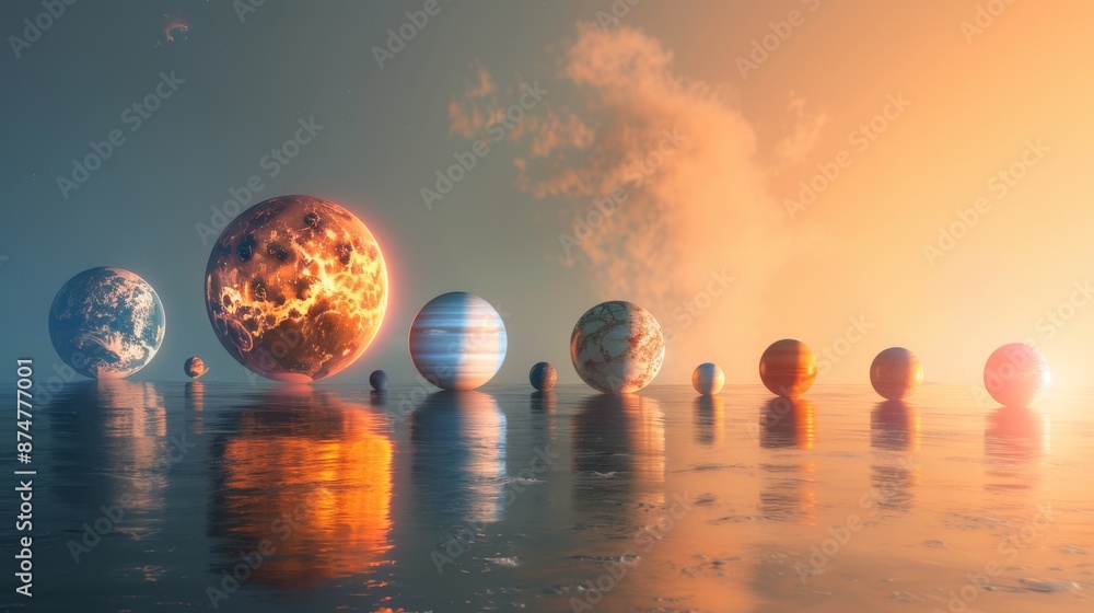Poster planetary alignment showing the diversity of planets in terms of size and appearance generative ai