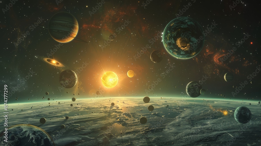 Poster planets with various atmospheric conditions and geological features in a serene space setting genera